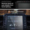 AGL04047 - Dodge Ram Screen Protector GLAS.tR SLIM Anti-Glare showing split comparison of Ram infotainment display with and without anti-glare screen protector under harsh lighting