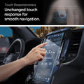 AGL04047 - Dodge Ram Screen Protector GLAS.tR SLIM Anti-Glare showing hand tapping Ram infotainment screen with protector installed and touch ripple graphic illustrating full touch responsiveness