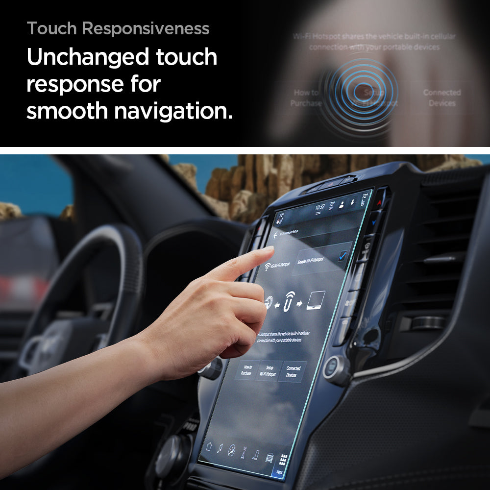 AGL04047 - Dodge Ram Screen Protector GLAS.tR SLIM Anti-Glare showing hand tapping Ram infotainment screen with protector installed and touch ripple graphic illustrating full touch responsiveness