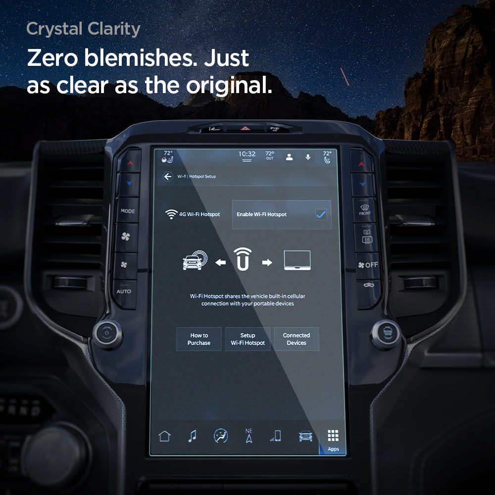 AGL04047 - Dodge Ram Screen Protector GLAS.tR SLIM Anti-Glare showing Ram infotainment center display with screen protector installed and crystal clarity callout at night