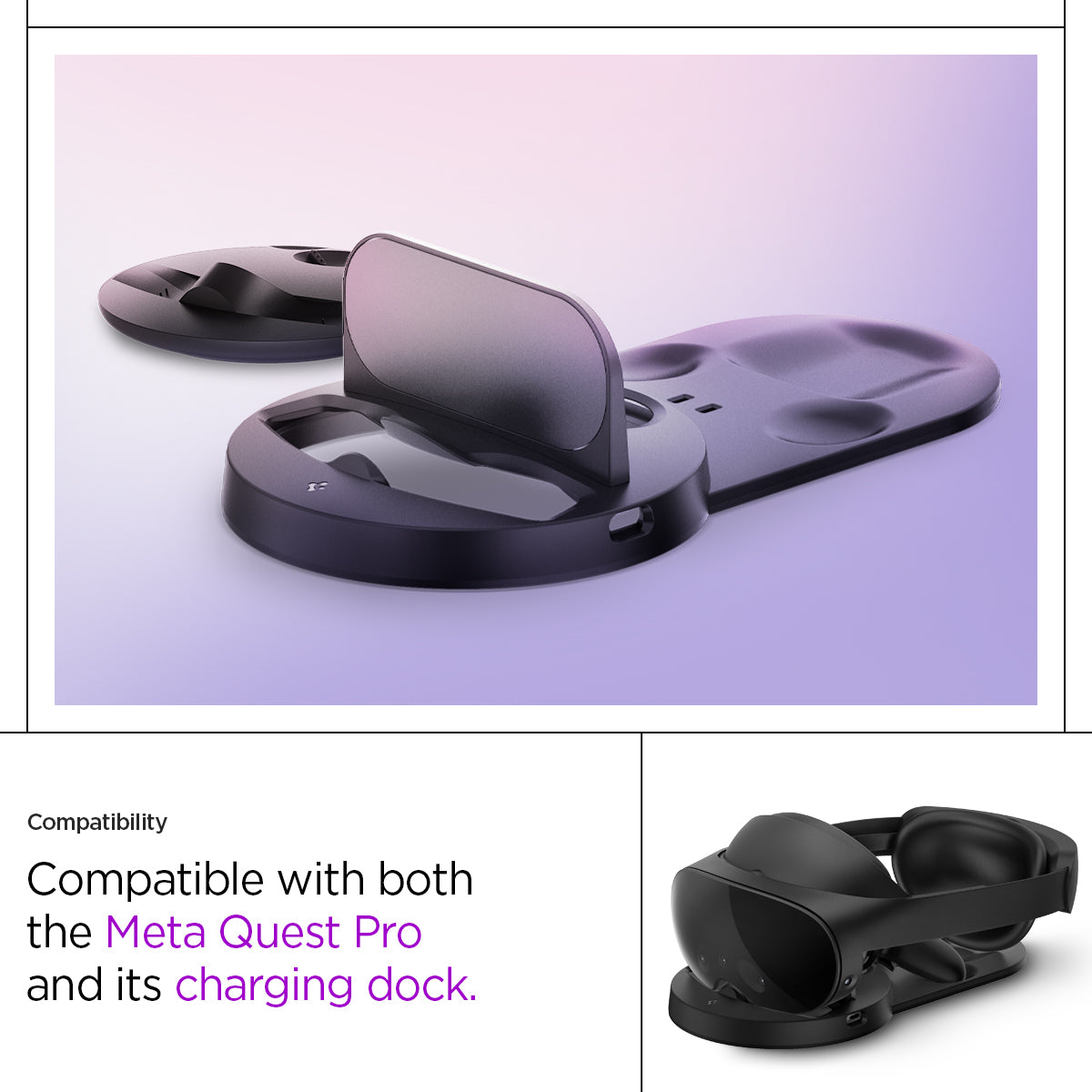 AMP06069 - Meta Quest Pro Charging Dock Cover in black showing the compatibility. Compatible with both the Meta Quest Pro and its charging dock