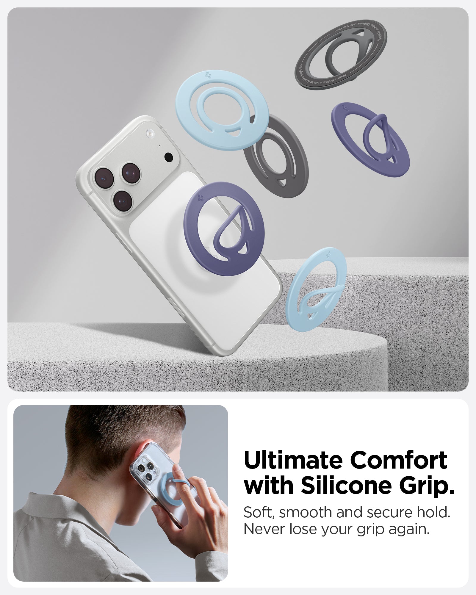AMP11368 - O-Mag Slim Dual pop (MagFit) in light blue showing the ultimate comfort with silicone grip. Soft, smooth and secure hold. Never lose your grip again