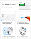 AMP09409 - Eero 6 Mount | ER110 in White showing how to install the mount. 1. Level and tape the paper guide to the wall 2. Mark the screw holes 3. Align the ER110 with the guide 4. Drill screws into the marked spots 5. Insert and drill the screws at the marked locations