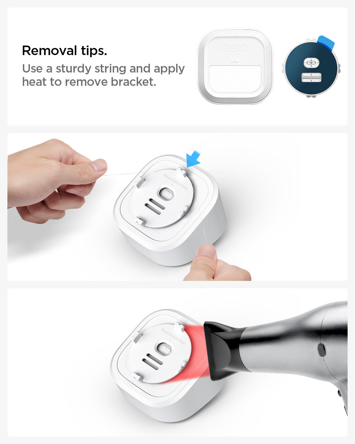AMP09409 - Eero 6 Mount | ER110 in White showing the removal tips. Use a sturdy string and apply heat to remove bracket