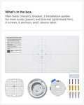 AMP09409 - Eero 6 Mount | ER110 in White showing what's in the box. Main body (mount), bracket, 2 installation guides for main body (paper)  and bracket (grid-lined film), 4 screws, 4 anchors, and 1 device label