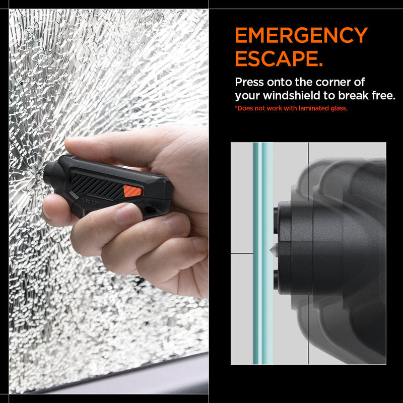 ACP06988 - Car Escape Tool in Black showing the Emergency Escape. Press onto the corner of your windshield to break free. (Does not work with laminated glass)