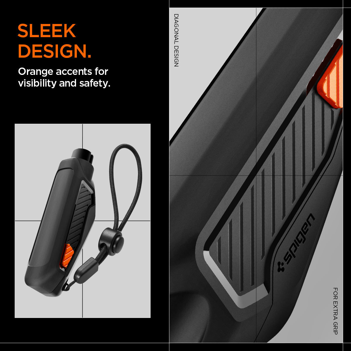 ACP06988 - Car Escape Tool in Black showing the Sleek Design. Orang accents for visibility and safety with diagonal design for extra grip