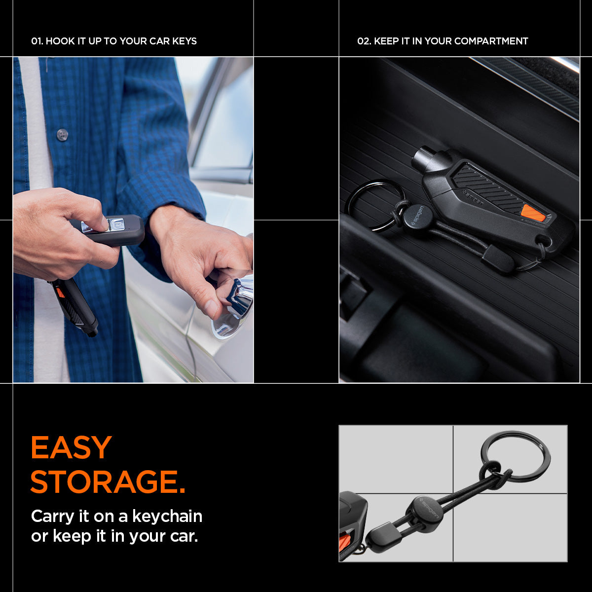 ACP06988 - Car Escape Tool in Black showing the Easy Storage. You can Hook it up to your car keys and or Keep it in your compartment