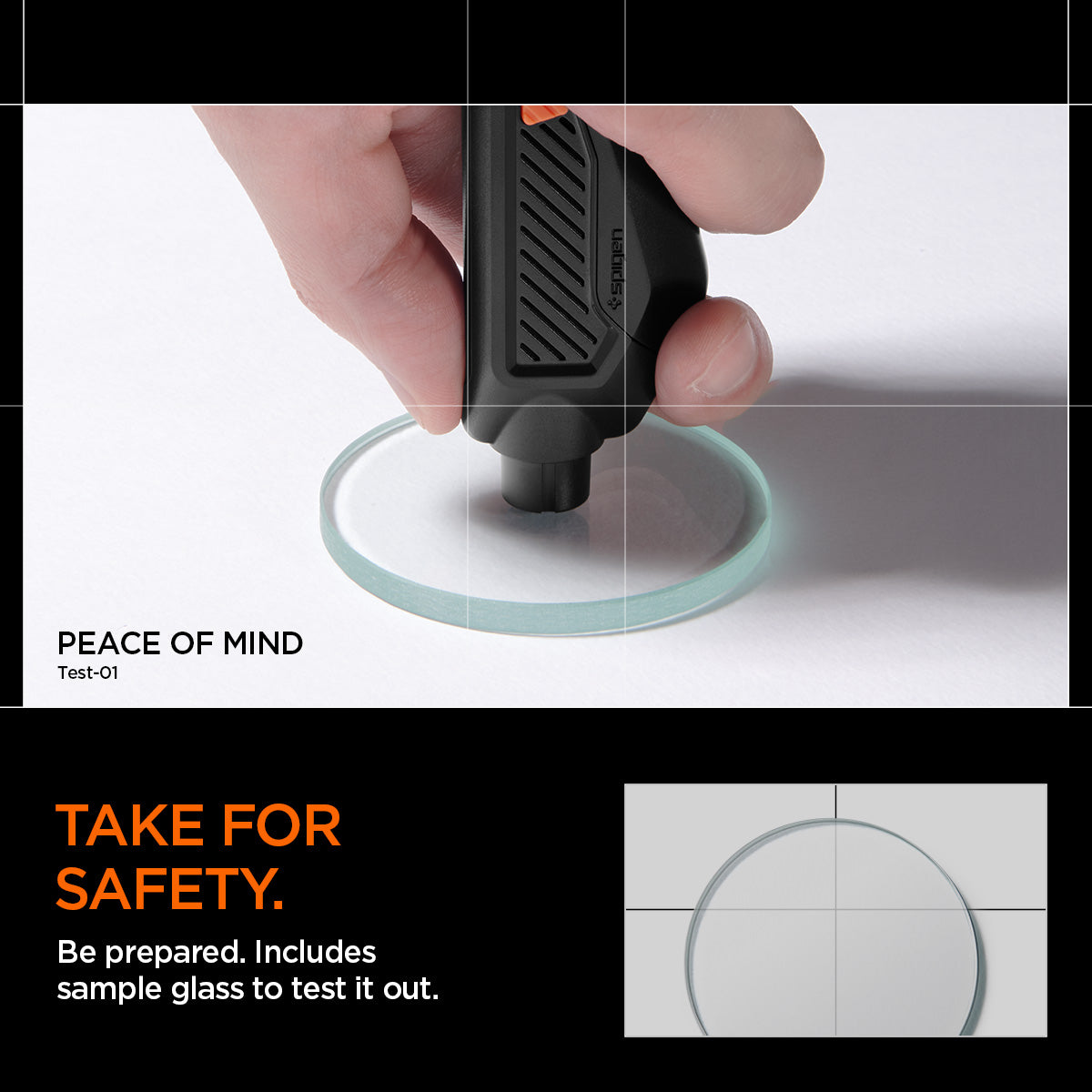 ACP06988 - Car Escape Tool in Black showing the peace of mind test-01. Take For Safety. Be prepared. Includes sample glass to test it out.