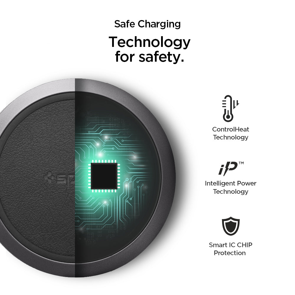 000CH23122 - Essential® Leather Designed 10W Wireless Charger F308W in Black showing the Safe Charging Technology for safety. Control Technology, Intelligent Power Technology, Smart IC CHIP Protection. Showing half of the inside parts of a wireless charger pad