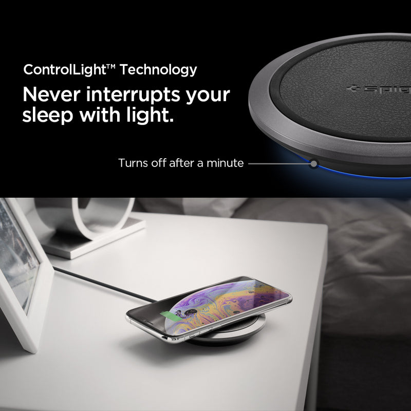 000CH23122 - Essential® Leather Designed 10W Wireless Charger F308W in Black showing the ControlLight Technology. Never interrupts your sleep with light. Turns off after a minute. Showing the device and a wireless charger pad