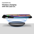 000CH23122 - Essential® Leather Designed 10W Wireless Charger F308W in Black showing the Convenient Use, Wireless charging with the case on. A device hovering above the wireless charger pad