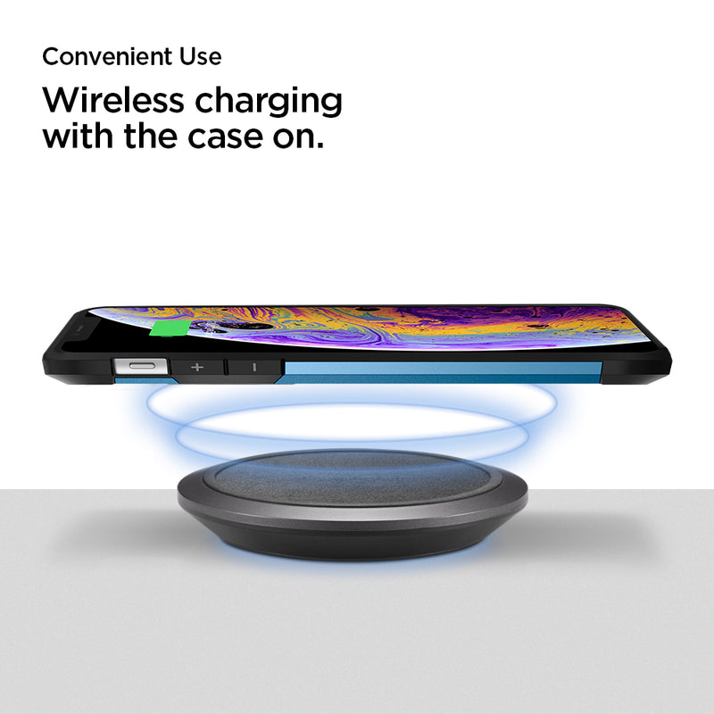 000CH23122 - Essential® Leather Designed 10W Wireless Charger F308W in Black showing the Convenient Use, Wireless charging with the case on. A device hovering above the wireless charger pad