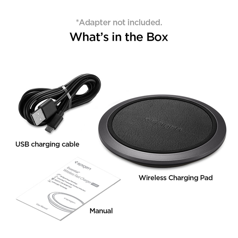 000CH23122 - Essential® Leather Designed 10W Wireless Charger F308W in Black showing the What's in the Box. USB charging cable, Manual and a Wireless Charging Pad (Adapter not included)