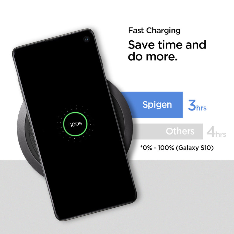 000CH23122 - Essential® Leather Designed 10W Wireless Charger F308W in Black showing the Fast Charging, Save time and do more. Comparison between Spigen(3hrs) vs others(4hrs) 0-100% (Galaxy S10)