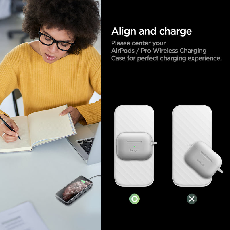 ACH00257 - SteadiBoost™ Flex 15W Wireless Charger F316W in White showing the Align and charge. Center your AirPods / Pro Wireless Charging Case for perfect charging experience. A woman writing with devices in front of her and charge on the right side
