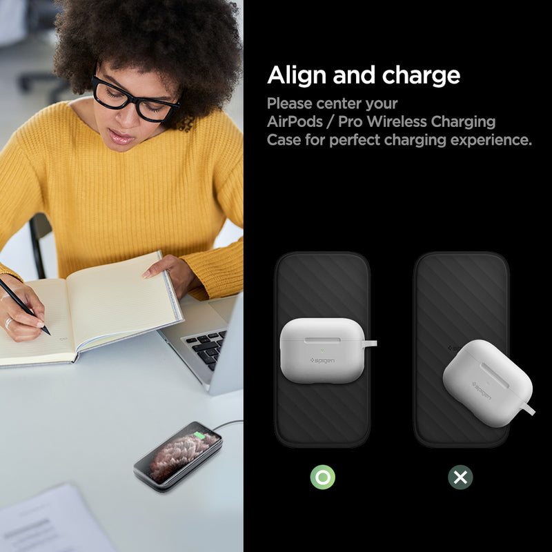 000CH25521 - SteadiBoost™ Flex 15W Wireless Charger F316W in Black showing the Align and charge. Center your AirPods / Pro Wireless Charging Case for perfect charging experience. A woman writing with devices in front of her and charge on the right side
