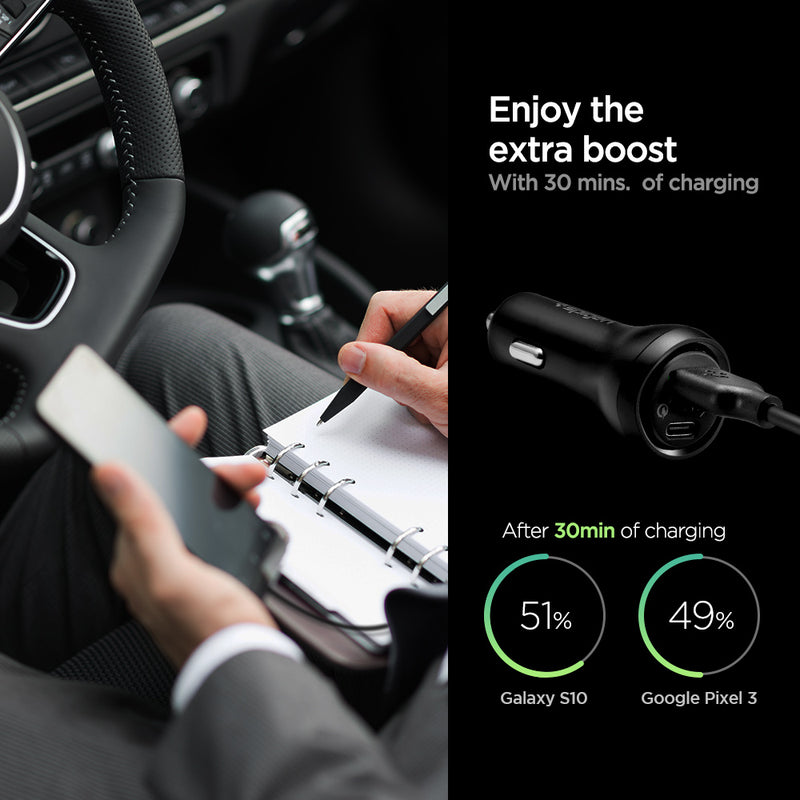 000CP25597 - Essential® Dual Port 27W F31QC in Black showing Enjoy the extra boost with 30 mins. of charging. After 30min of charging comparison, Galaxy S10 with 51% while Google Pixel 3 with 49%. A man holding a device, a pen writing inside a car