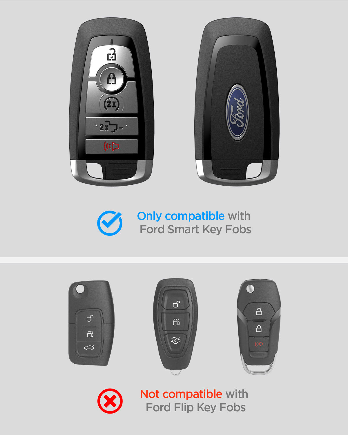 ACS09430 - Ford Key Fob Cover | FK100 in Matte Black showing the compatibility only with Ford Smart Key Fobs. Not compatible with Ford Flip Key Fobs