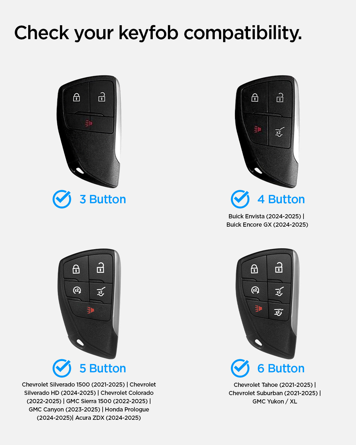 ACS11419 - Chevrolet & GMC Key Fob Cover | CK100 showing compatibility chart for 3, 4, 5, and 6 button key fob variants with supported vehicle models