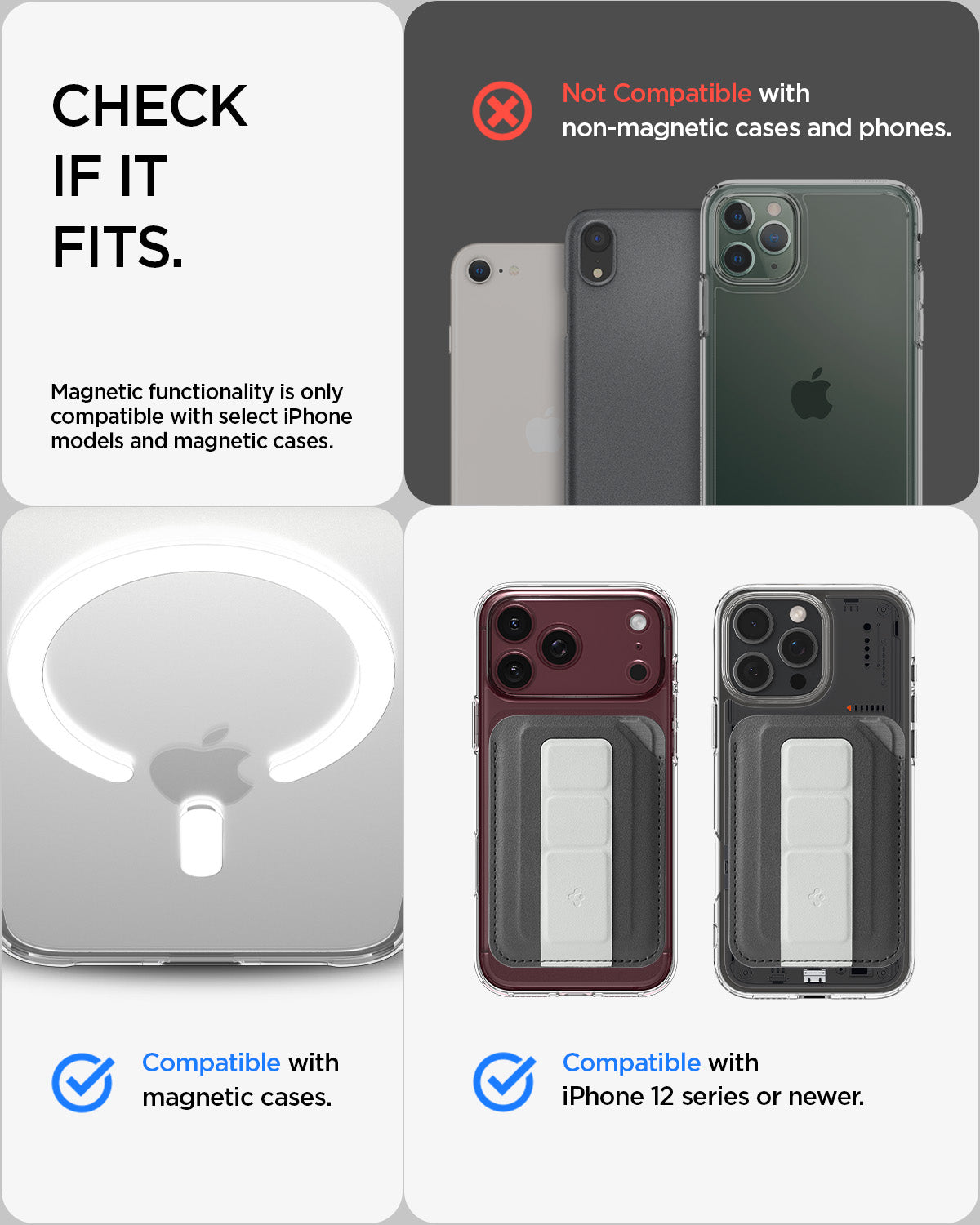 AFA11957 - Filp Stand Card Holder (Mag Fit) in Charcoal Stone showing compatible magnetic phone cases and iPhone models alongside incompatible non-magnetic devices