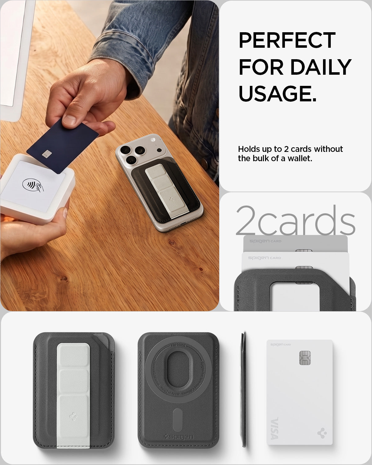 AFA11957 - Filp Stand Card Holder (Mag Fit) in Charcoal Stone showing a slim magnetic wallet holding two cards with front, back, and side views