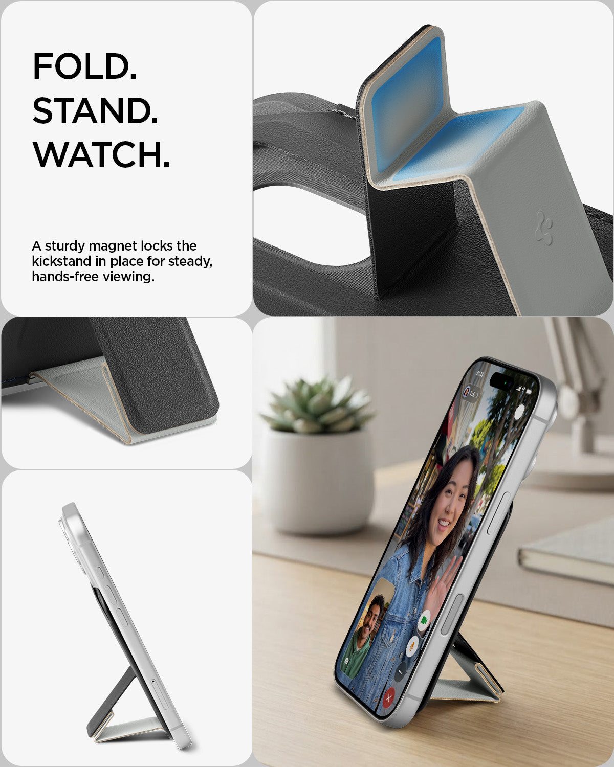 AFA11957 - Filp Stand Card Holder (Mag Fit) in Charcoal Stone showing a foldable magnetic kickstand supporting a phone upright for hands-free video calls