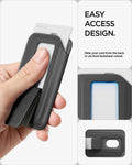 AFA11957 - Filp Stand Card Holder (Mag Fit) in Charcoal Stone showing a card being pushed through the wallet's front cutout for easy removal