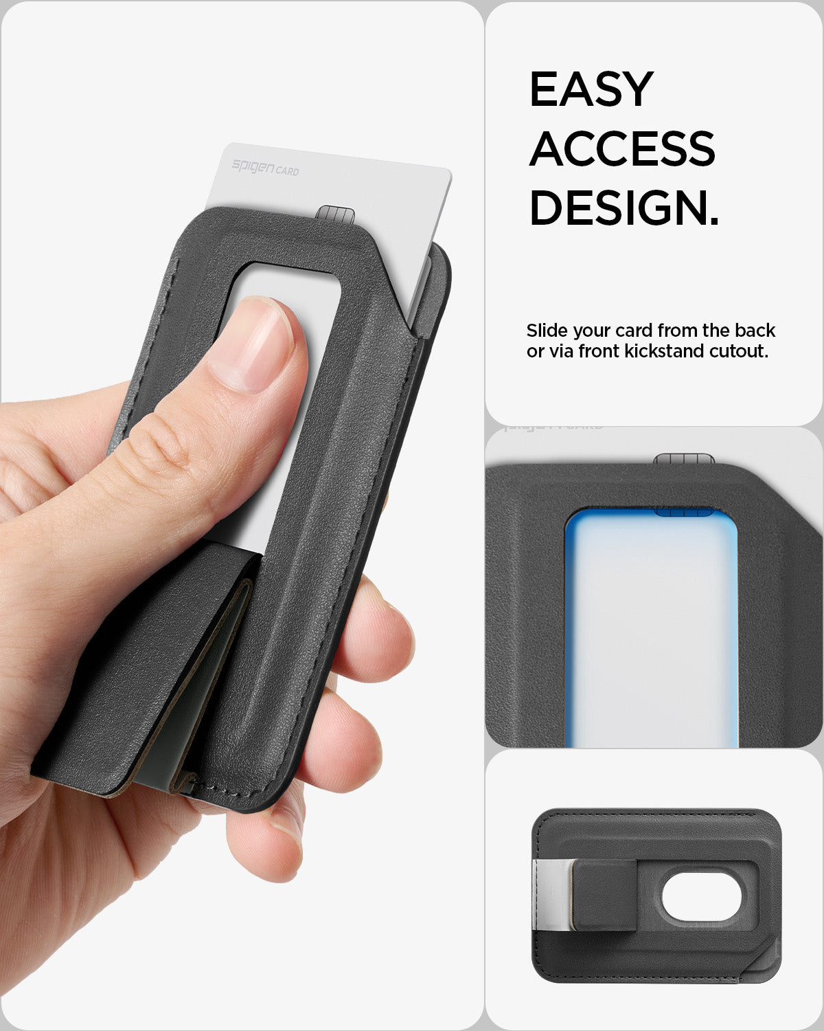 AFA11957 - Filp Stand Card Holder (Mag Fit) in Charcoal Stone showing a card being pushed through the wallet's front cutout for easy removal