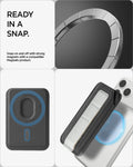 AFA11957 - Filp Stand Card Holder (Mag Fit) in Charcoal Stone showing the magnetic attachment ring on the back of a wallet and its alignment with a compatible phone