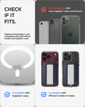 AFA11956 - Filp Stand Card Holder (Mag Fit) in Navy Stone showing compatible magnetic phone cases and iPhone models alongside incompatible non-magnetic devices