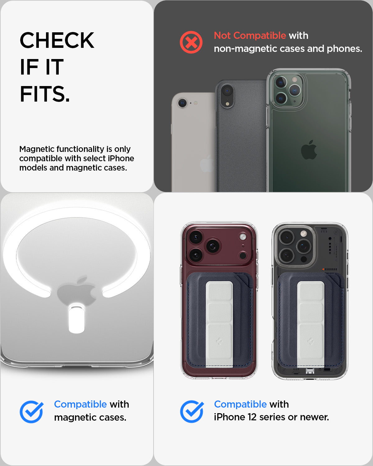 AFA11956 - Filp Stand Card Holder (Mag Fit) in Navy Stone showing compatible magnetic phone cases and iPhone models alongside incompatible non-magnetic devices