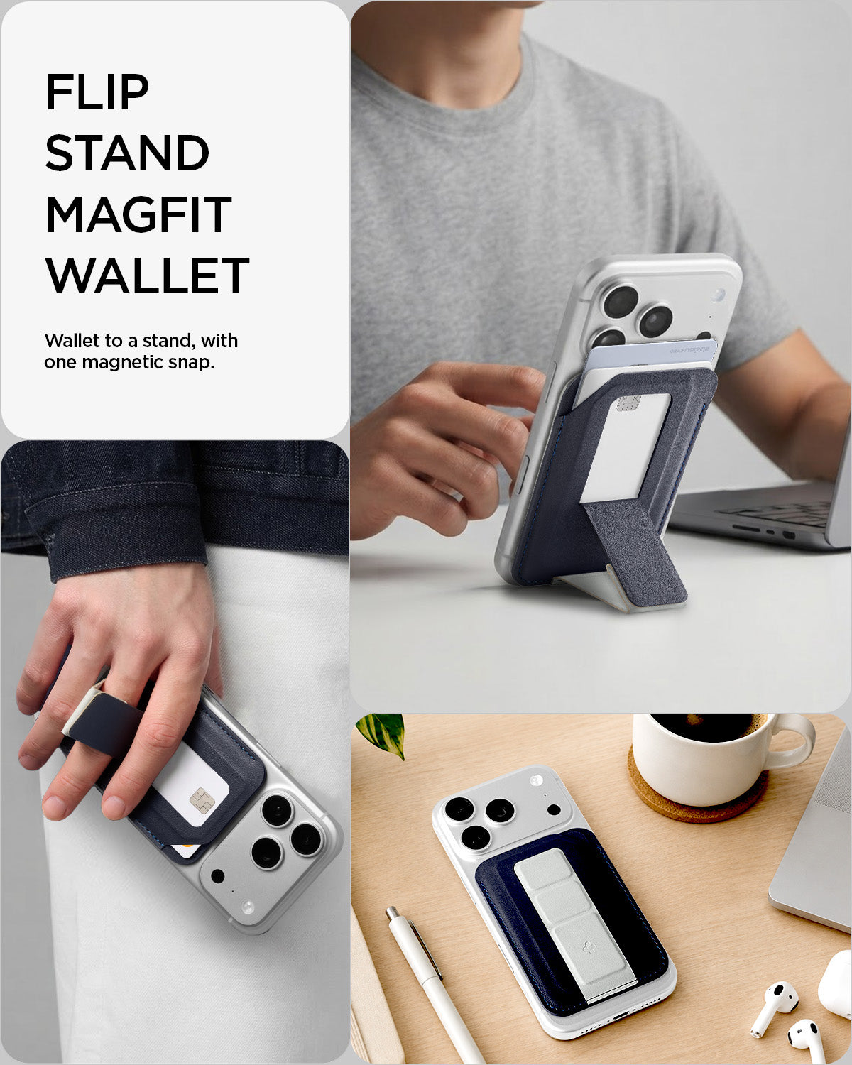 AFA11956 - Filp Stand Card Holder (Mag Fit) in Navy Stone showing a magnetic wallet used as a phone stand, finger grip, and card holder