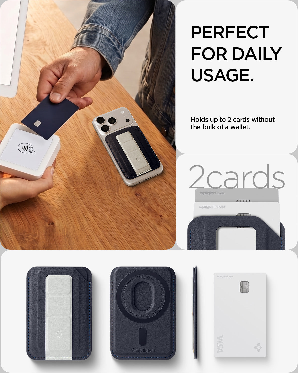 AFA11956 - Filp Stand Card Holder (Mag Fit) in Navy Stone showing a slim magnetic wallet holding two cards with front, back, and side views