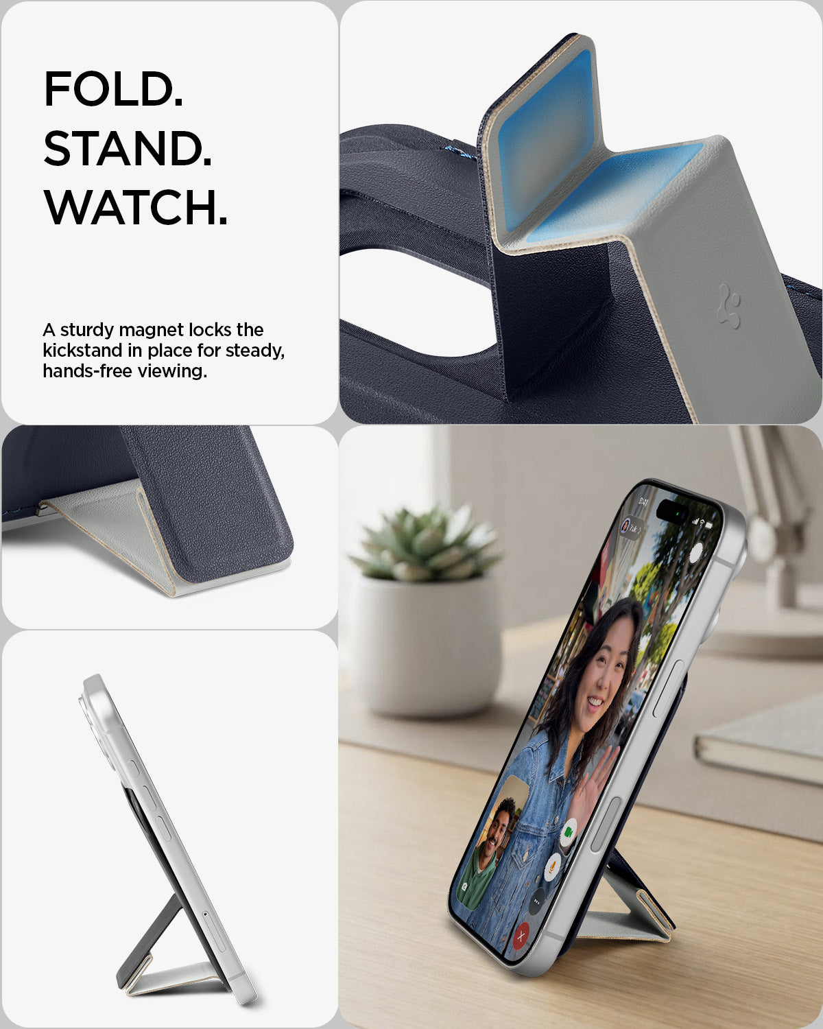 AFA11956 - Filp Stand Card Holder (Mag Fit) in Navy Stone showing a foldable magnetic kickstand supporting a phone upright for hands-free video calls