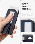 AFA11956 - Filp Stand Card Holder (Mag Fit) in Navy Stone showing a card being pushed through the wallet's front cutout for easy removal