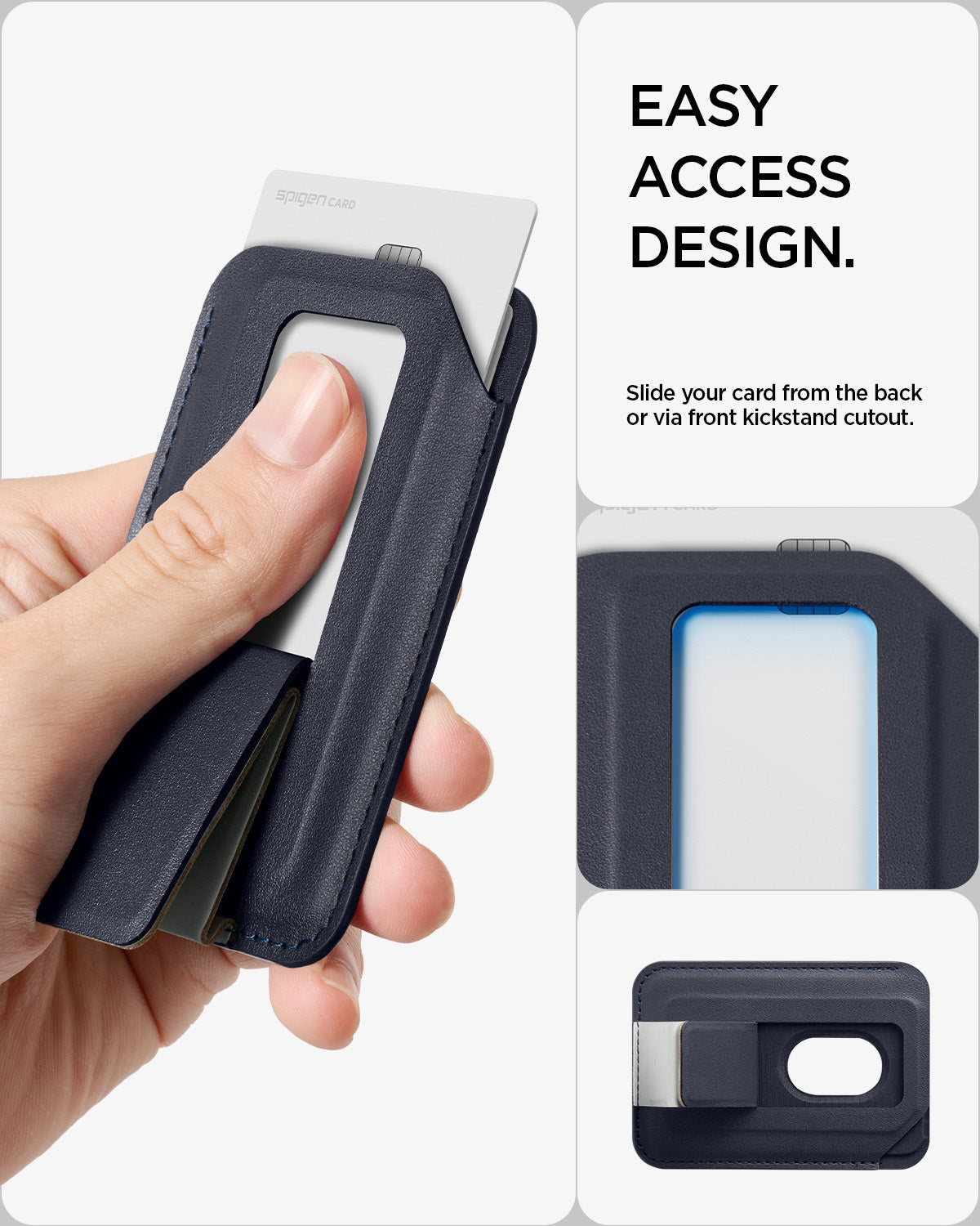 AFA11956 - Filp Stand Card Holder (Mag Fit) in Navy Stone showing a card being pushed through the wallet's front cutout for easy removal
