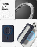 AFA11956 - Filp Stand Card Holder (Mag Fit) in Navy Stone showing the magnetic attachment ring on the back of a wallet and its alignment with a compatible phone