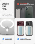 AFA11958 - Filp Stand Card Holder (Mag Fit) in Stone Teal Blue showing compatible magnetic phone cases and iPhone models alongside incompatible non-magnetic devices