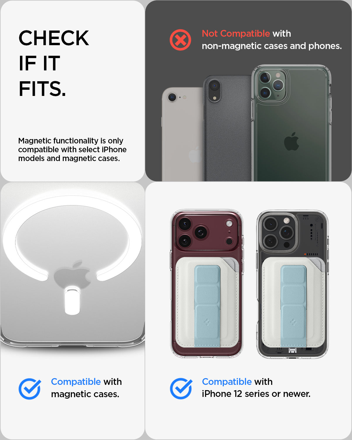 AFA11958 - Filp Stand Card Holder (Mag Fit) in Stone Teal Blue showing compatible magnetic phone cases and iPhone models alongside incompatible non-magnetic devices