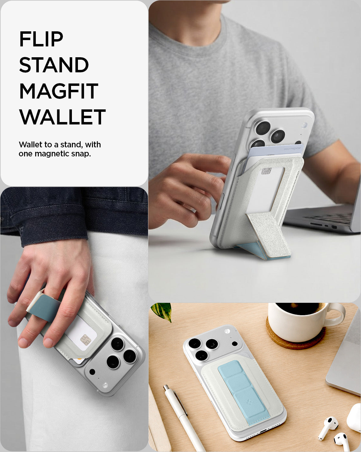 AFA11958 - Filp Stand Card Holder (Mag Fit) in Stone Teal Blue showing a magnetic wallet used as a phone stand, finger grip, and card holder