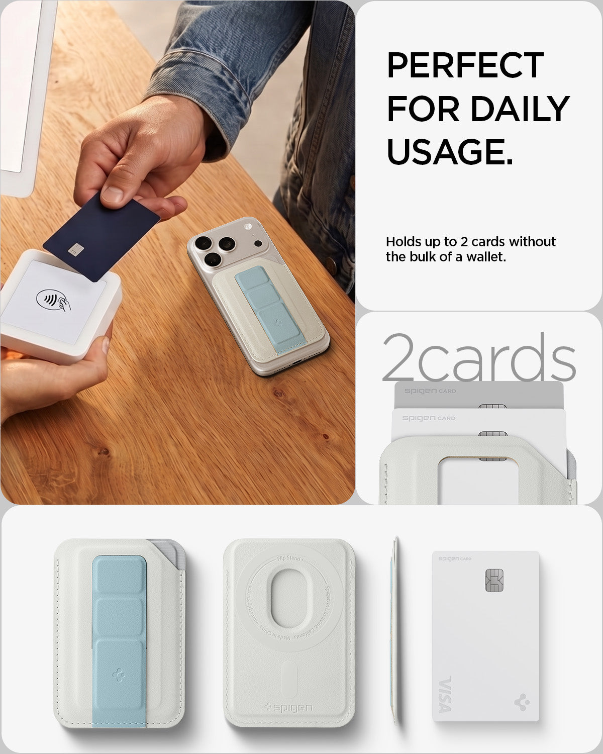 AFA11958 - Filp Stand Card Holder (Mag Fit) in Stone Teal Blue showing a slim magnetic wallet holding two cards with front, back, and side views