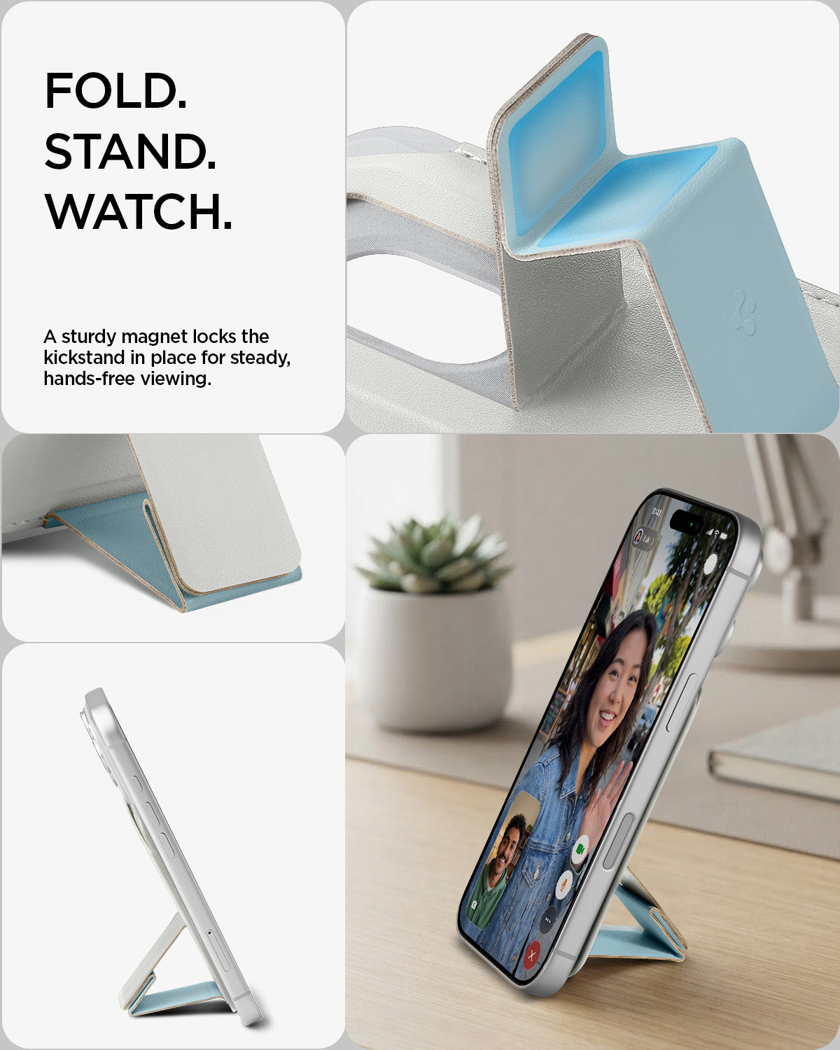 AFA11958 - Filp Stand Card Holder (Mag Fit) in Stone Teal Blue showing a foldable magnetic kickstand supporting a phone upright for hands-free video calls