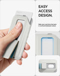 AFA11958 - Filp Stand Card Holder (Mag Fit) in Stone Teal Blue showing a card being pushed through the wallet's front cutout for easy removal
