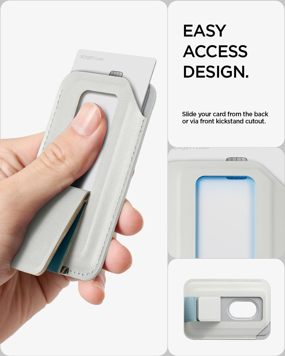 AFA11958 - Filp Stand Card Holder (Mag Fit) in Stone Teal Blue showing a card being pushed through the wallet's front cutout for easy removal