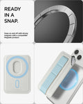AFA11958 - Filp Stand Card Holder (Mag Fit) in Stone Teal Blue showing the magnetic attachment ring on the back of a wallet and its alignment with a compatible phone