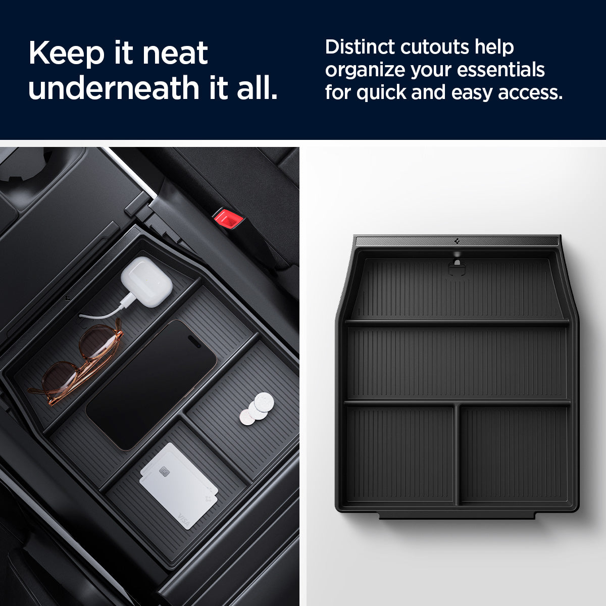 ACP08900 - Ford Armrest Console Organizer | FO220 in Black showing the how keeping it neat underneath it all. Distinct cutouts help organize your essentials for quick and easy access