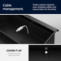 ACP08900 - Ford Armrest Console Organizer | FO220 in Black showing the cable management. Smart cutouts organize your charging cables and secure them for the drive. Cutouts close shut when not in use