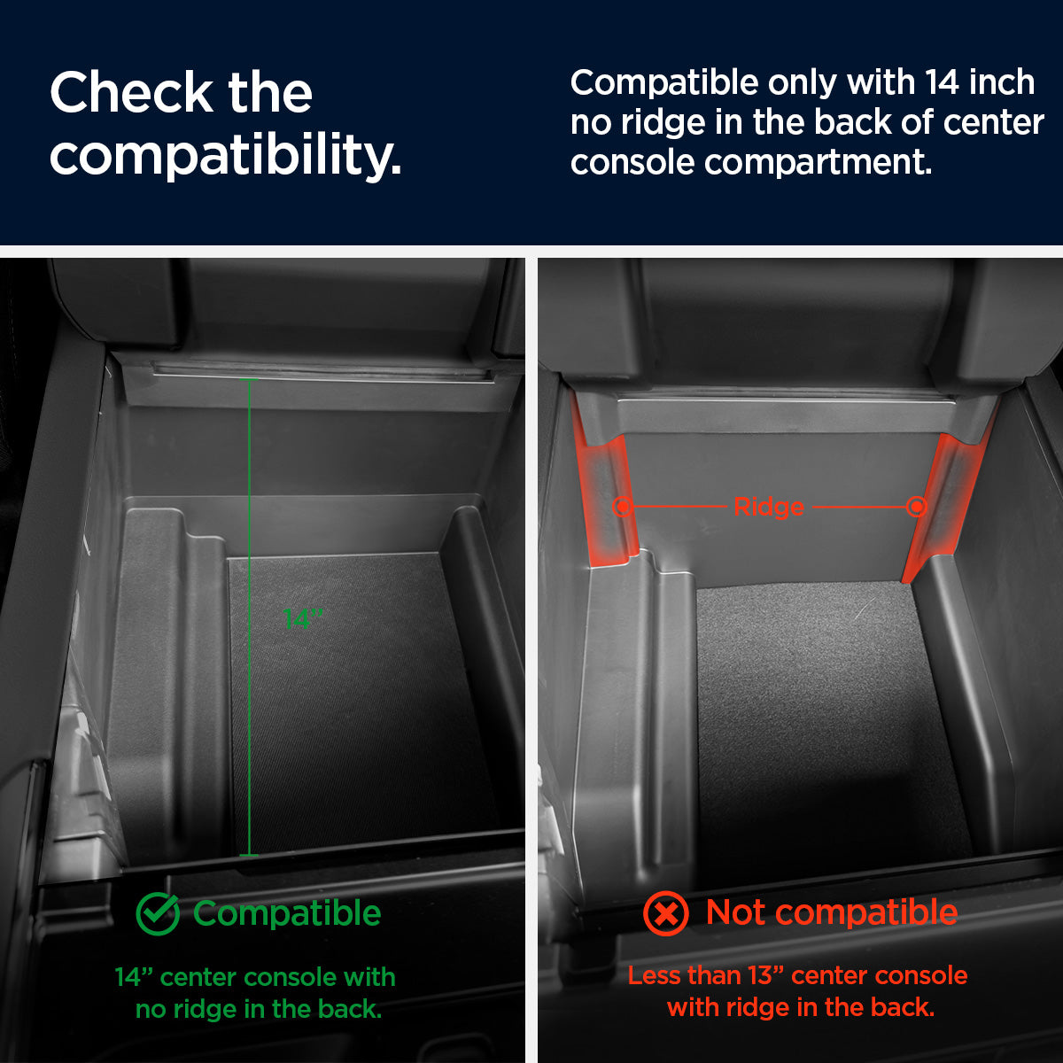 ACP08900 - Ford Armrest Console Organizer | FO220 in Black showing the compatibility.  Compatible only with 14 inch no ridge in the back of center console compartment. 