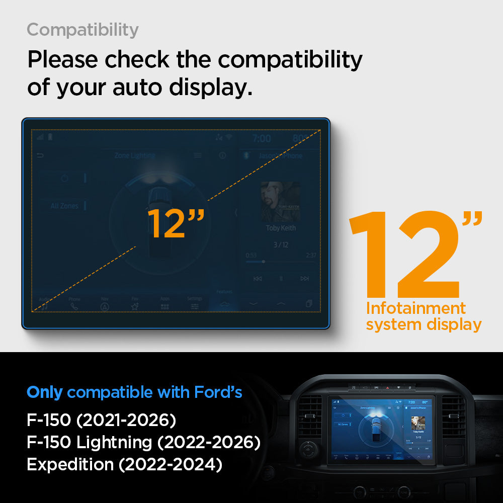 AGL04043 - Ford 150 12" Screen Protector GLAS.tR SLIM Anti-Glare showing compatibility. only for ford's 12 inch infotainment system display